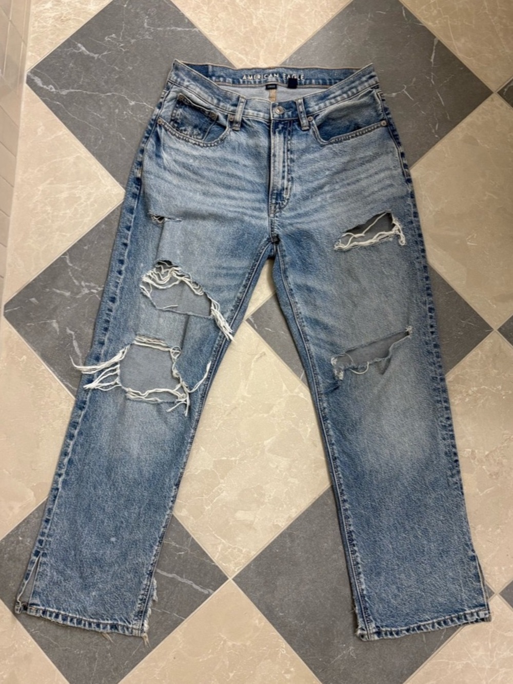 American Eagle Low-Rise Baggy Straight Distressed Blue Jeans Waist 2 Extra Short